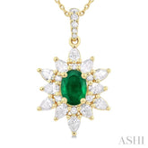 7x5 MM Oval Cut Emerald and 1 ctw Pear & Round Cut Diamond Precious Pendant With Chain in 14K Yellow Gold